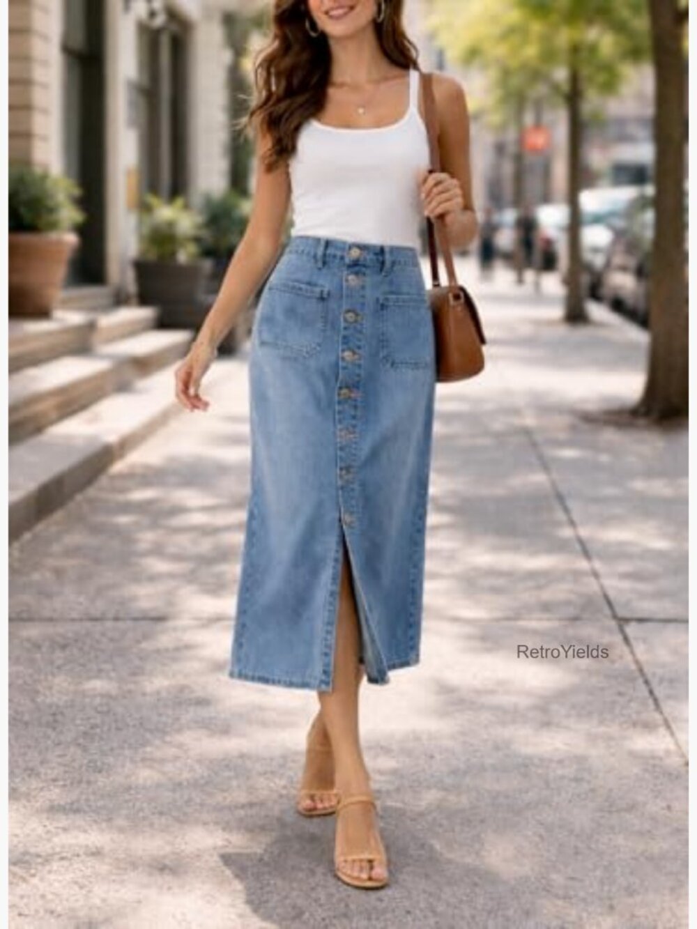 High Waist Denim Midi Skirt with Pockets Button Front Straight Casual - Picture 5 of 6